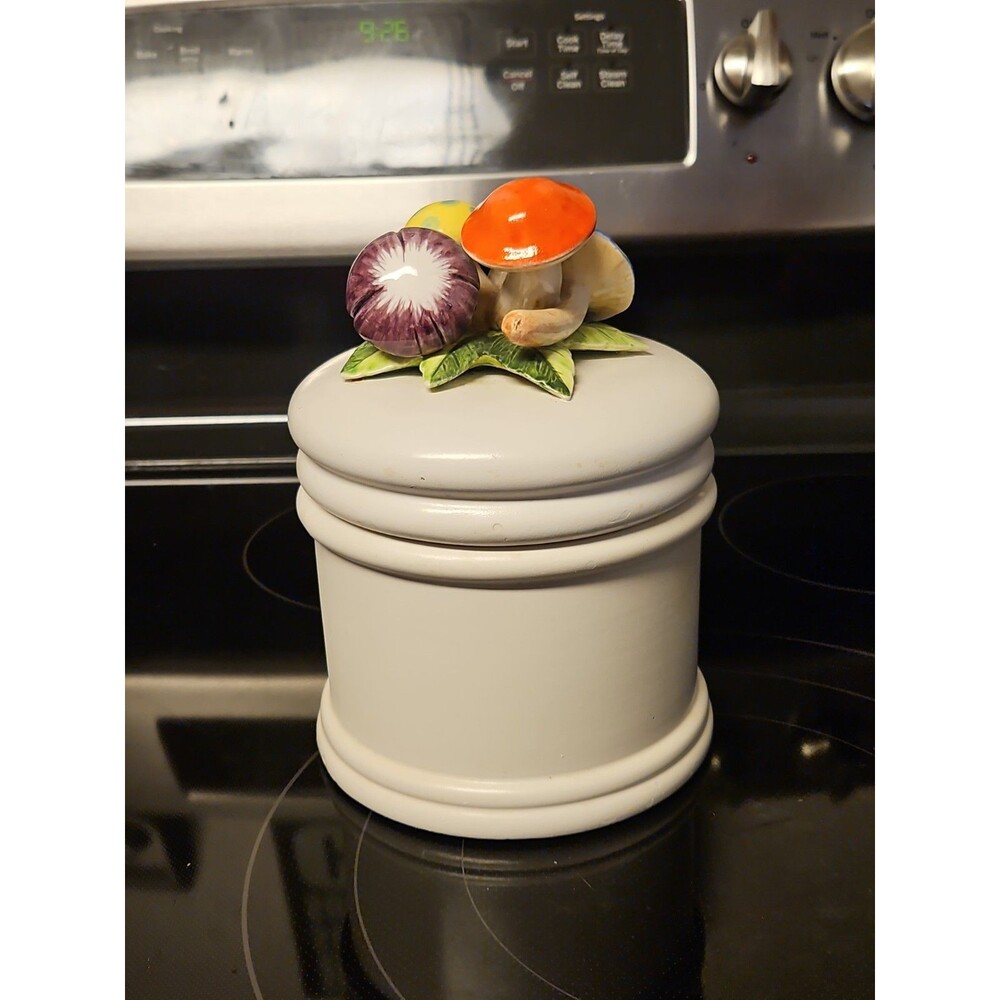 Vintage Arnart Ceramic Canister With Mushrooms Lid Medium Jar 5.5" READ